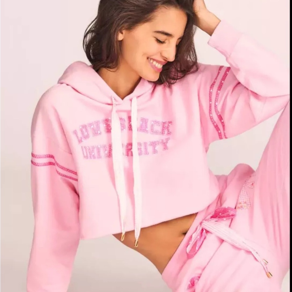 Love Shack Fancy Pink Mercery Cropped Hoodie / University Collection